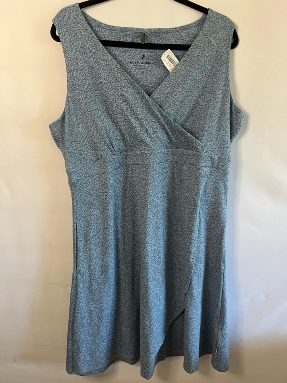 Royal Robbins XL Blue Wrap Dress Sleeveless Leaf Print Lightweight NWT